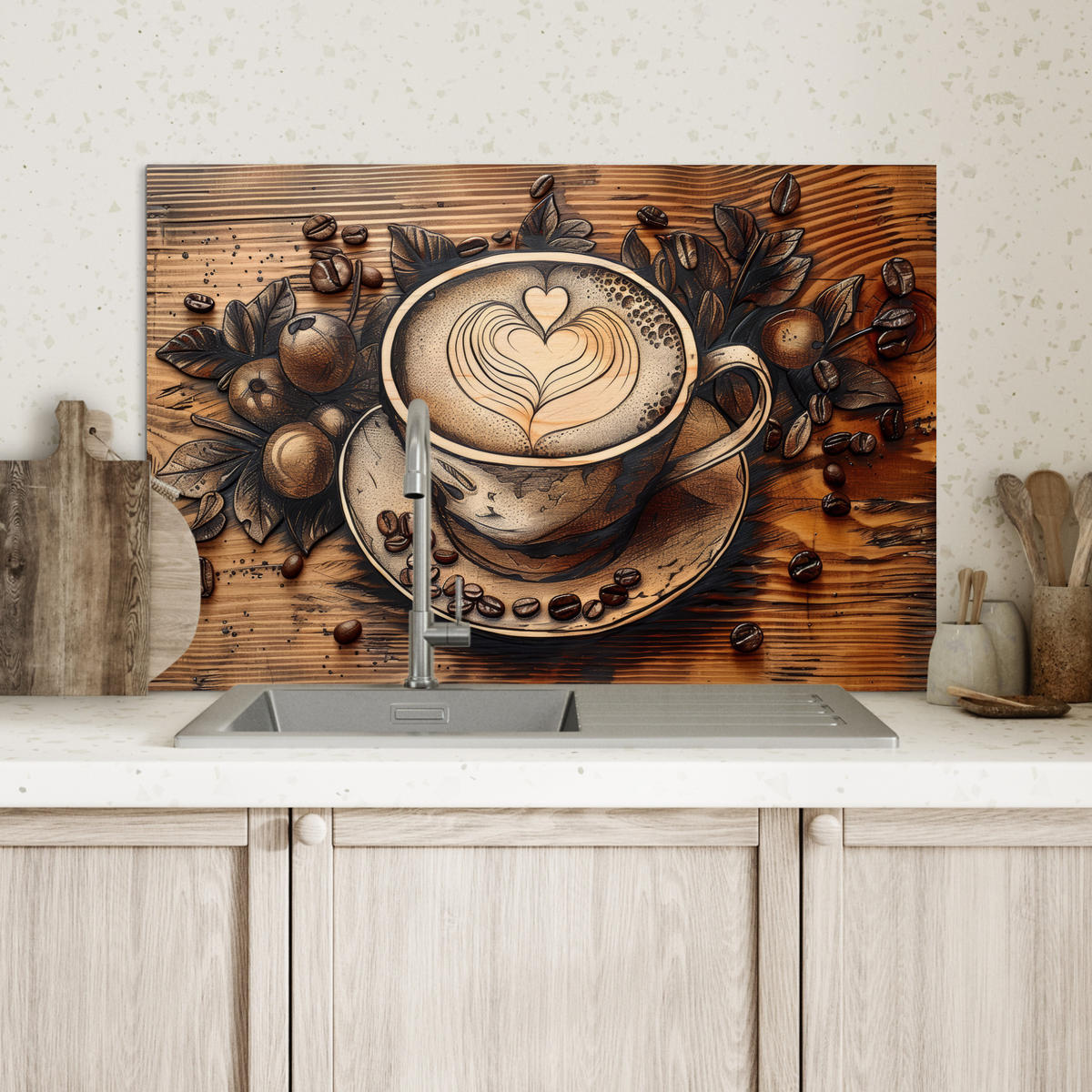 SPRITZSCHUTZ KÜCHE Kaffee - Vintage - Braun - Tasse - Holz 60x40 cm - Cappuccino, Metall (60/0.3/40cm) - MuchoWow