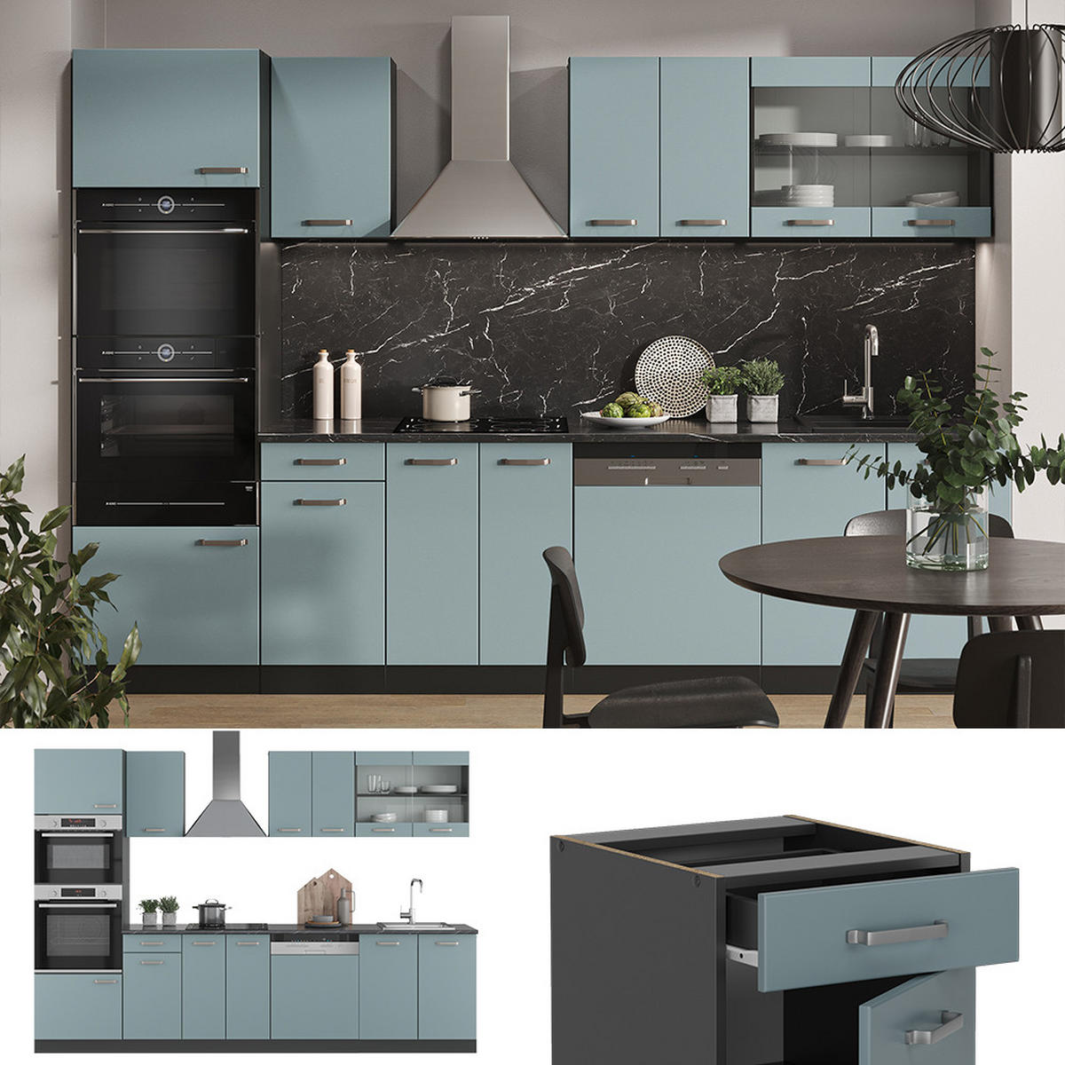 KÜCHENZEILE R-Line Blau-Grau/Anthrazit 300 cm mit Hochschrank, ohne AP - Anthrazit/Blaugrau, Holzwerkstoff (300/81.6/46cm) - Vicco