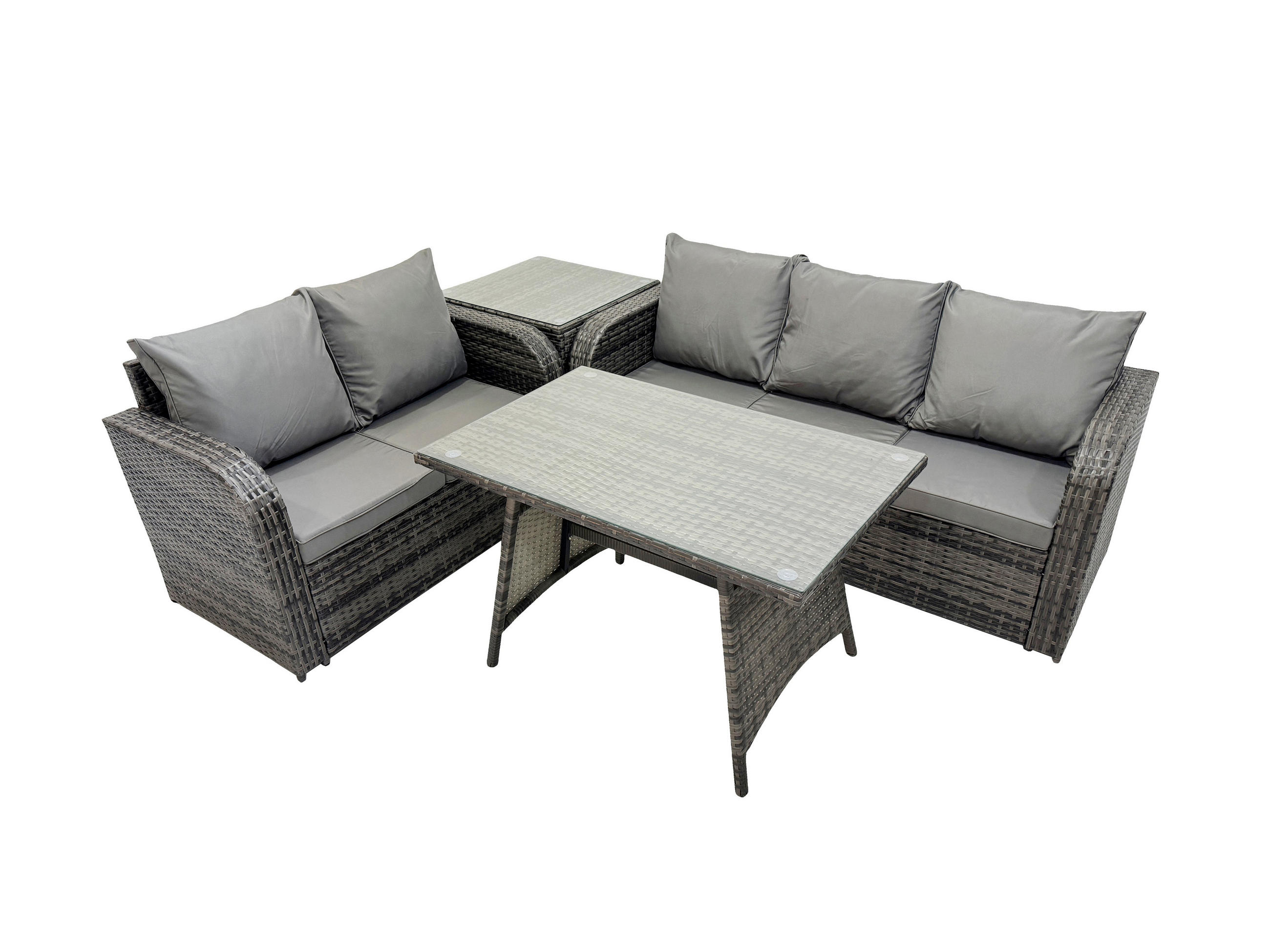 GARTENMÖBEL SET Polyrattan Dunkelgrau 5-Sitzer - Dunkelgrau/Grau, Glas/Kunststoff - Fimous