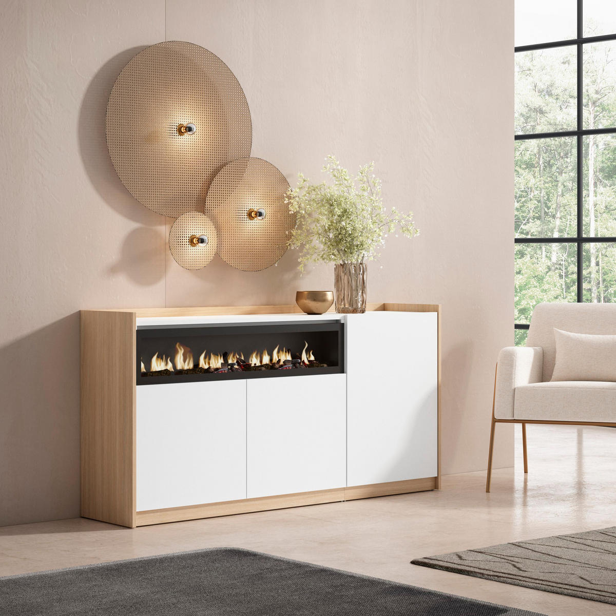 SIDEBOARD, Highboard, Weiß und Eiche Soft, Elektrokamin, 156/37/80cm - Weiß, Holzwerkstoff (156/80/37cm) - Skraut Home