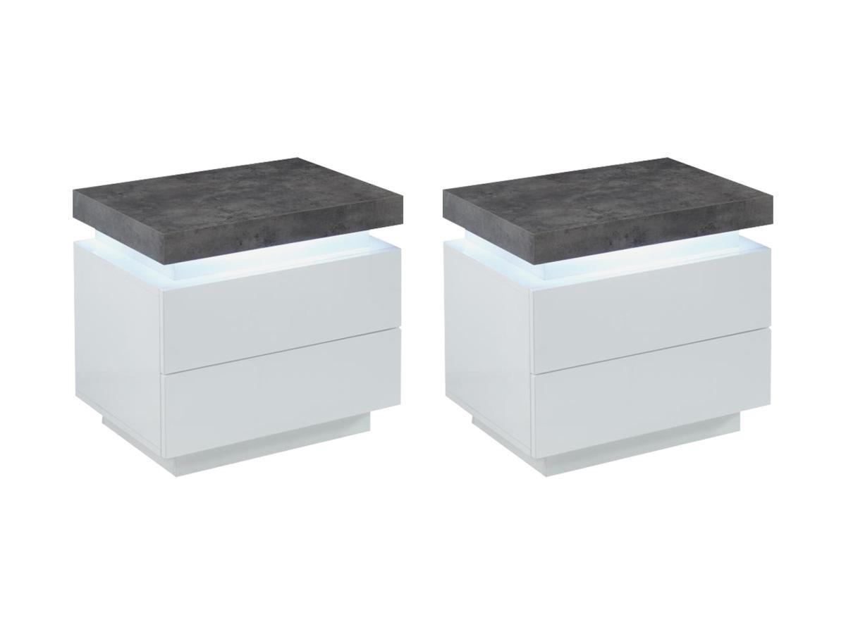 2ER-SET Nachttische mit 2 Schubladen & LEDs - MDF lackiert - Weiß & Beton-Optik - HALO II - Grau, Holz (40/50/55cm) - Vente-Unique