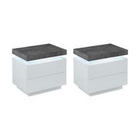 2ER-SET Nachttische mit 2 Schubladen & LEDs - MDF lackiert - Weiß & Beton-Optik - HALO II - Grau, Holz (40/50/55cm) - Vente-Unique