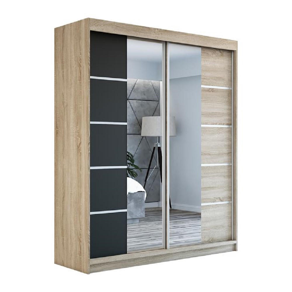 SCHWEBETÜRENSCHRANK 180 cm KOMFORT Farbe:Sonoma,schwarz - Schwarz/Braun, Holzwerkstoff (180/215/59.5cm) - A&J MöbelLand