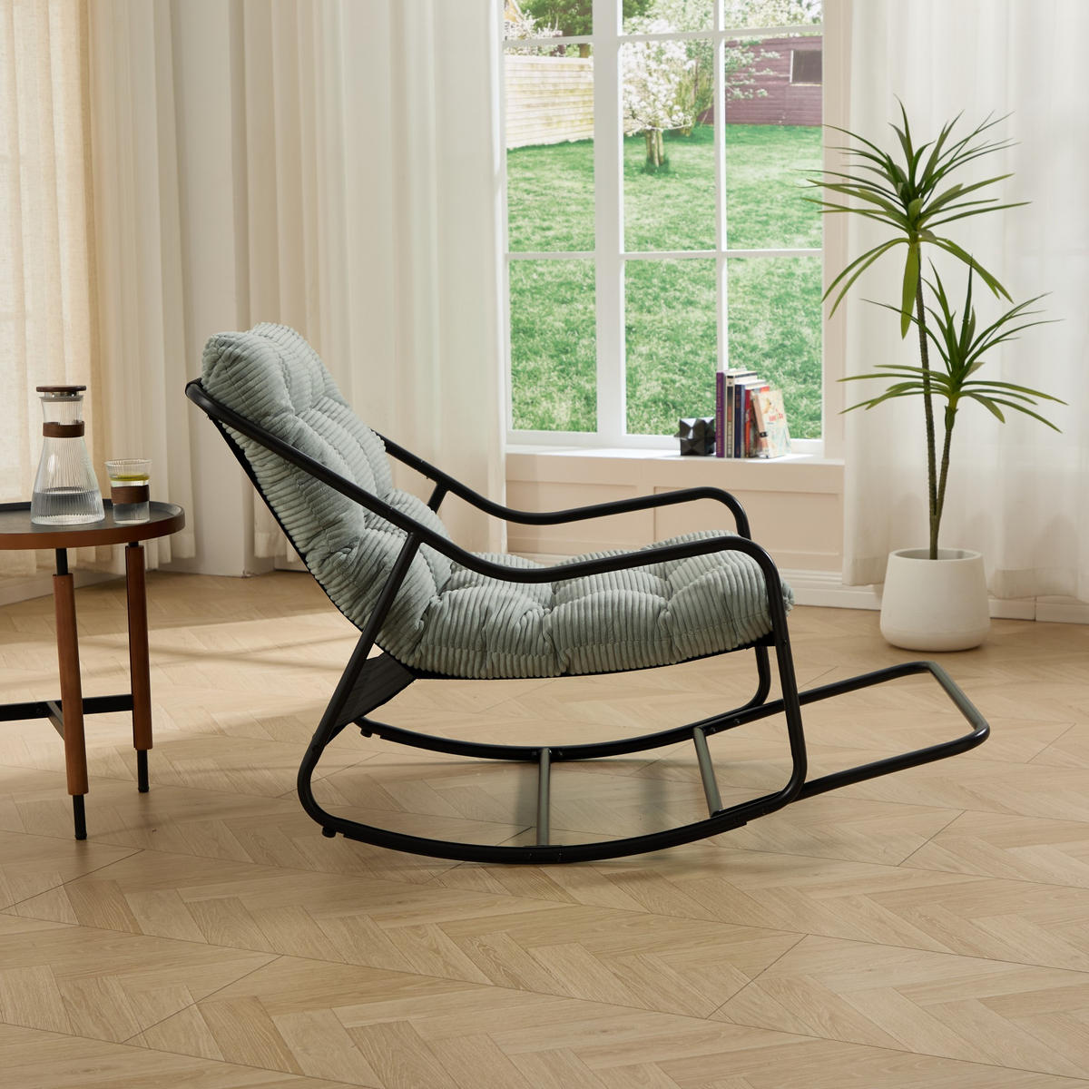 SCHAUKELSTUHL,SCHAUKELSESSEL mit Fußstütze, gepolstertem Kissen,Cord,Hellgrün - Hellgrün, Metall (75/82/116cm) - LVHOM