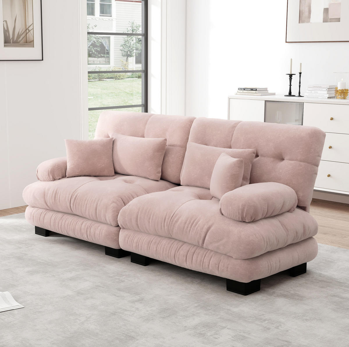 ECKSOFA modular Chenille Pink mit Deko- und Lendenkissen - Pink, Kunststoff (77/81/220cm) - Meubliv