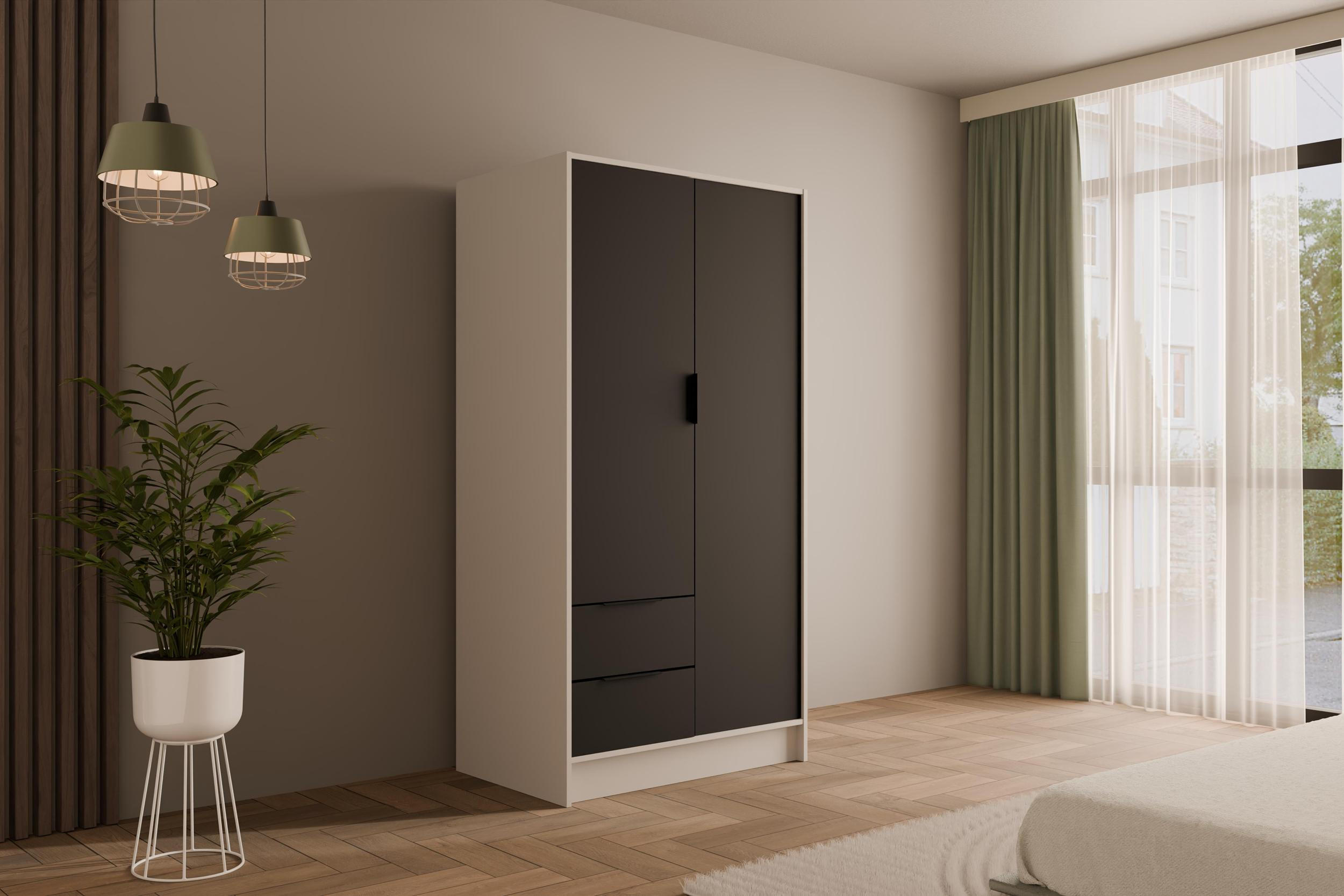 KLEIDERSCHRANK mit Flügeltüren KOLIN 100x200cm Weiß / Schwarz - Schwarz/Weiß, Holzwerkstoff (102/200/51cm) - ALTDECOR