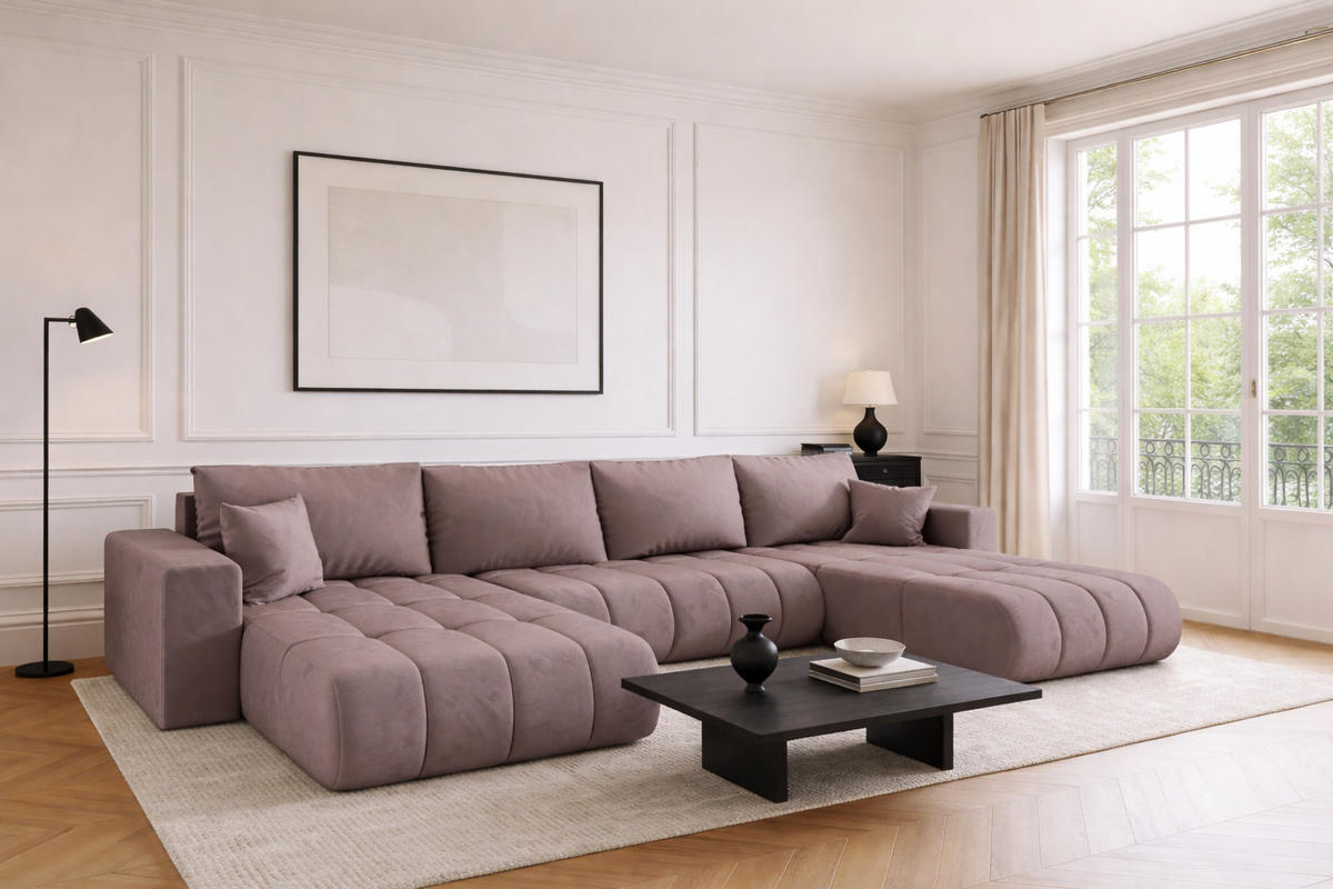 ECKSOFA mit schlaffunktion und bettkasten MILO U PREMIUM, stoff MONOLITH, Lila - Violett, Holz (384/190cm) - Kaiser Möbel