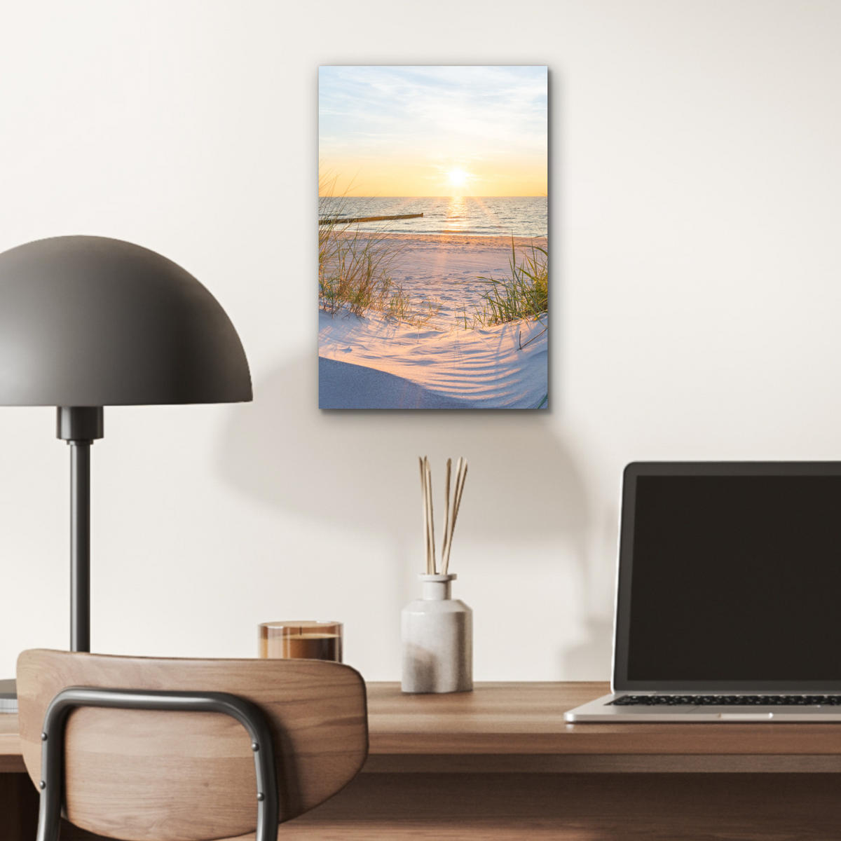 KOVOVÝ OBRAZ Pláž - Slnko - Duny - Tráva - Piesok - Horizont 20x30 cm - svetlomodrá, kov (20/30cm) - MuchoWow