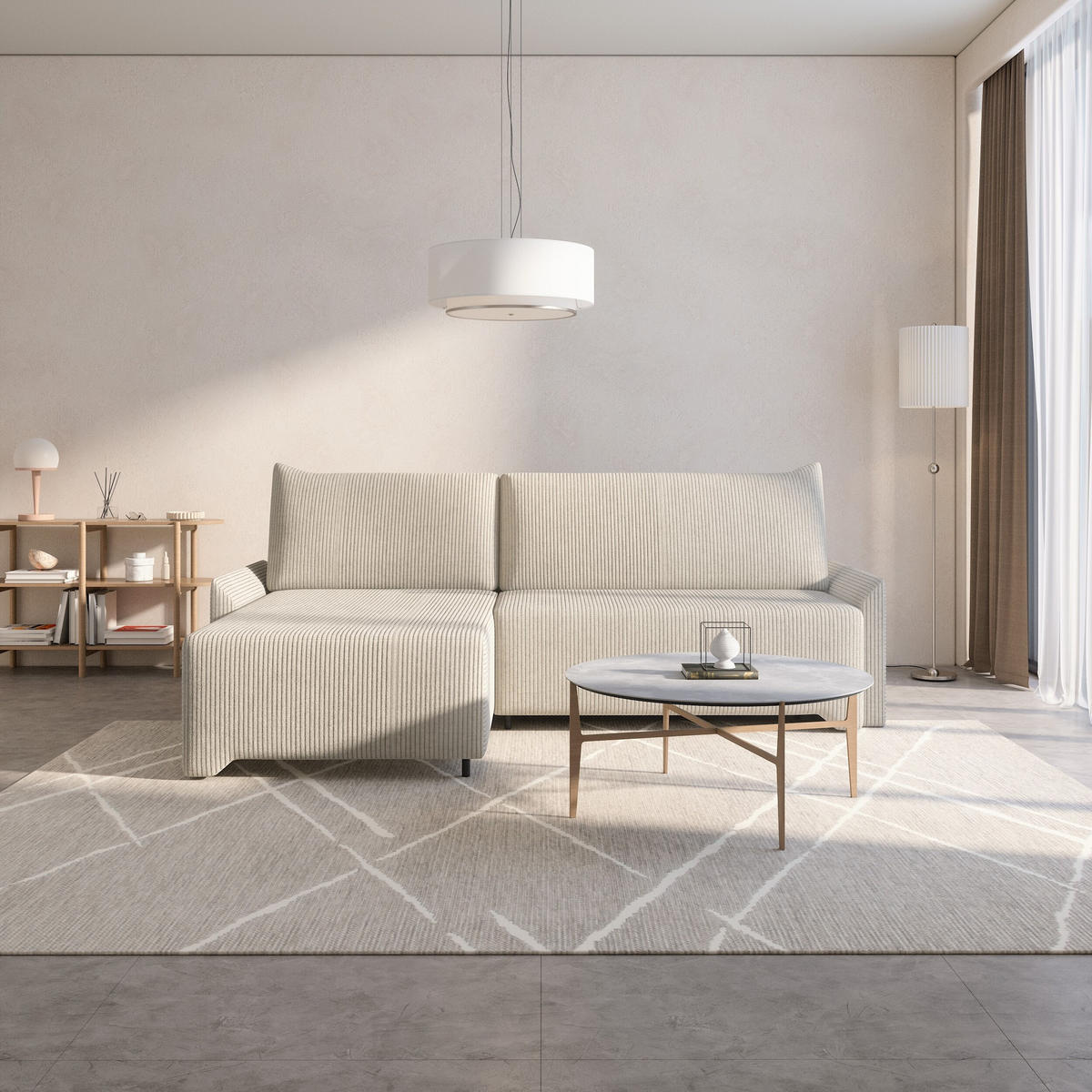 ECKSCHLAFSOFA - Rocky - Links, Creme (Poso 100) - Creme/Schwarz, Holzwerkstoff/Metall (245/174cm) - Möblo