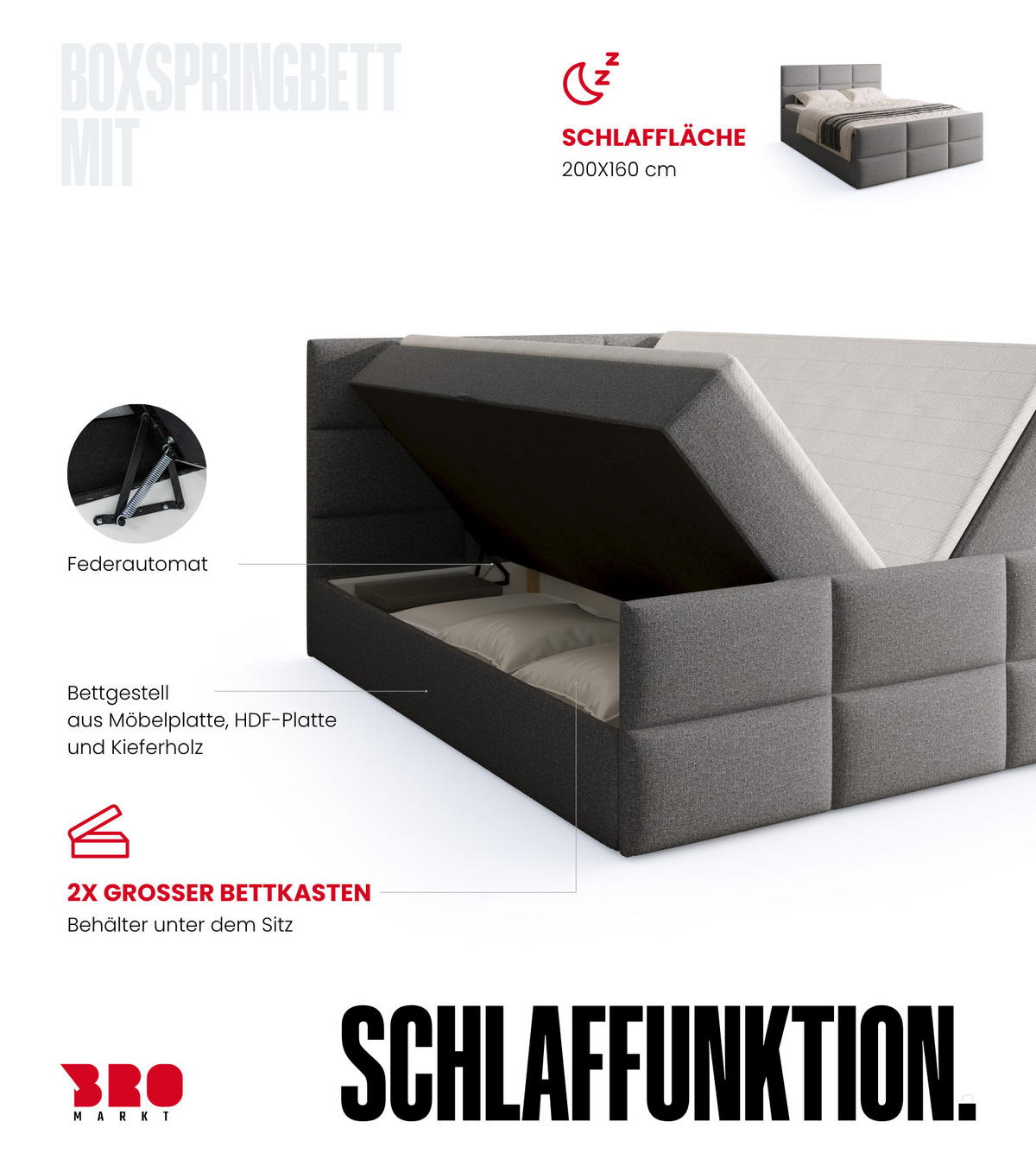 BOXSPRINGBETT Boston Duo Mit Bettkasten, Topper und Matratze Grau Malmo 90 160x200 cm - Schwarz/Grau, Textil (160/200cm) - Bromarkt