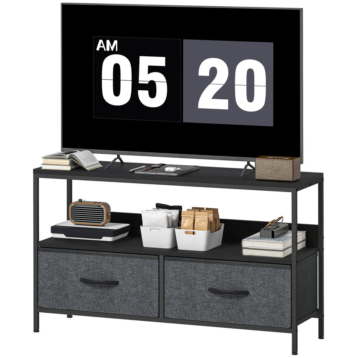 TV-LOWBOARD Dunkelgrau 98/29/56 cm, 2 faltbare Schubladen, Metallgestell - Dunkelgrau, Metall (98/56/29cm) - PANGIVO