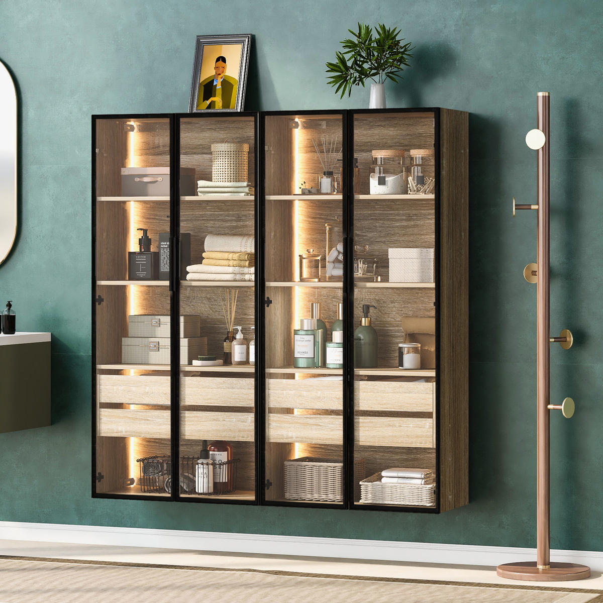 MIDISCHRANK 2er-Set Badezimmerschränke 73 cm aus MDF mit LED-Beleuchtung und Milchglastüren Natur - Naturfarben, Holzwerkstoff (74/155/36cm) - Modenvie