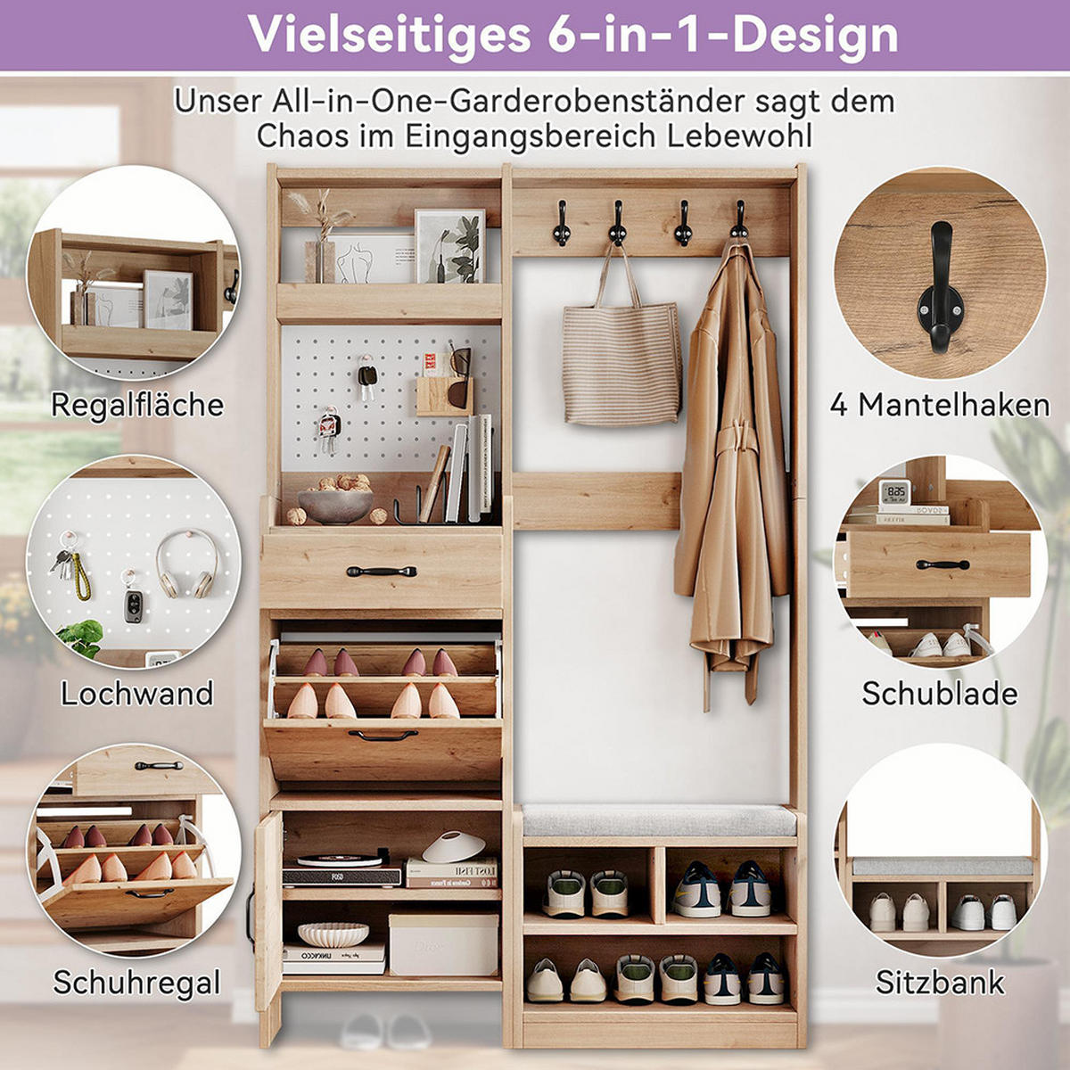 GARDEROBA SET D108.5 x Š35 x V180 cm, Prirodne boje - prirodne boje, drvni materijal/drvo (35/180/108.5cm) - KOMHTOM