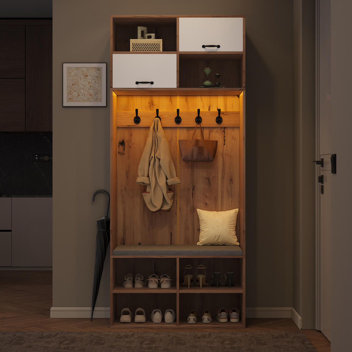 GARDEROBENSET, Komplett-Set Flurgarderobe mit Sitzbank, 5 Haken, 2 Türen & 6 Offener Lagerraum - Naturholzfarbe und Weiß, 80×185×35 cm (B×H×T) - Multicolor, Holzwerkstoff (35/185/80cm) - FLIEKS
