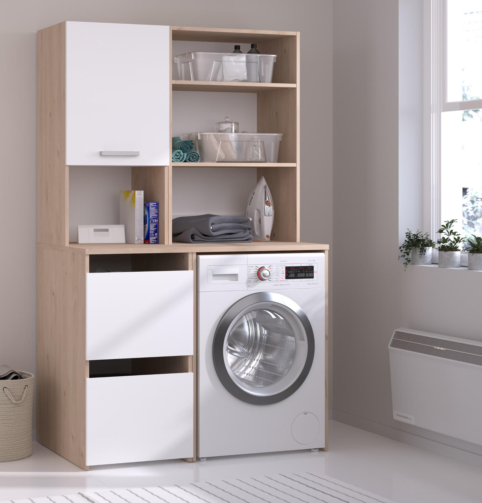 Parisot Meuble WASCHMASCHINENSCHRANK Weiß, Eiche 111cm × 67cm × 184cm