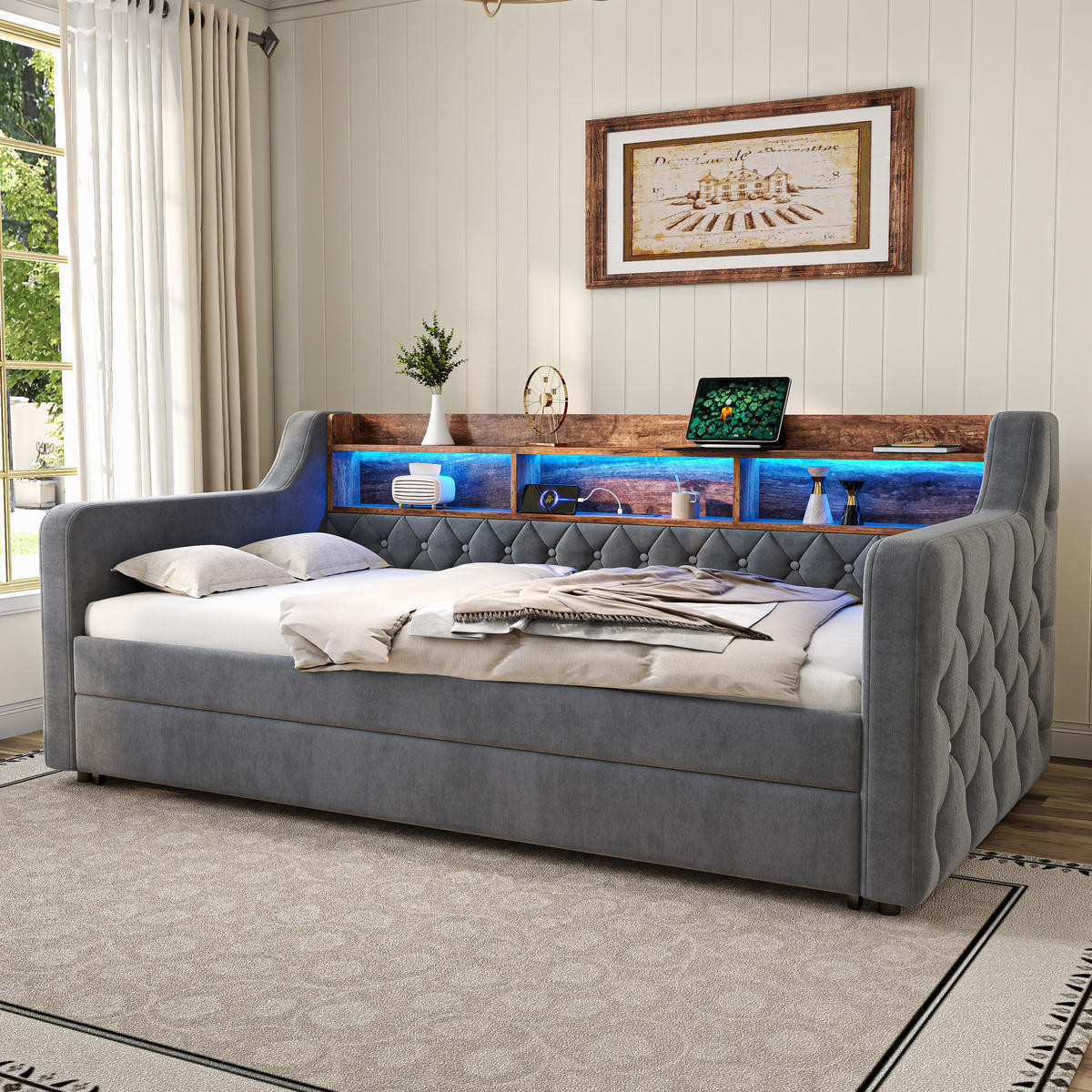 POLSTERBETT aus Samt 90x190 cm in Dunkelgrau mit LED & USB-C-Anschluss - Dunkelgrau, Textil (90/190cm) - Modfu