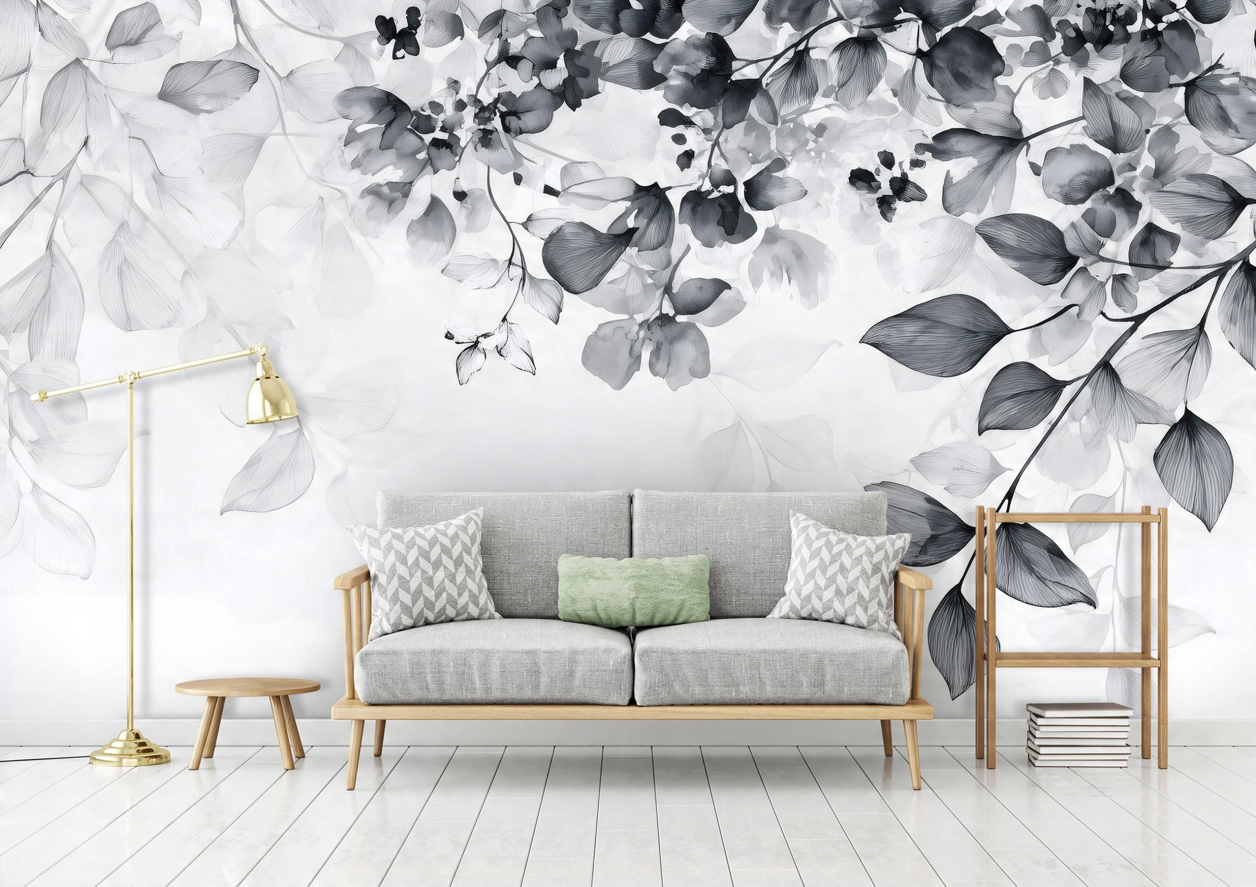FOTOTAPETE Blätter Schwarz und Weiß Wohnzimmer 200x140 - Multicolor, Papier (200/140cm) - Wallarena