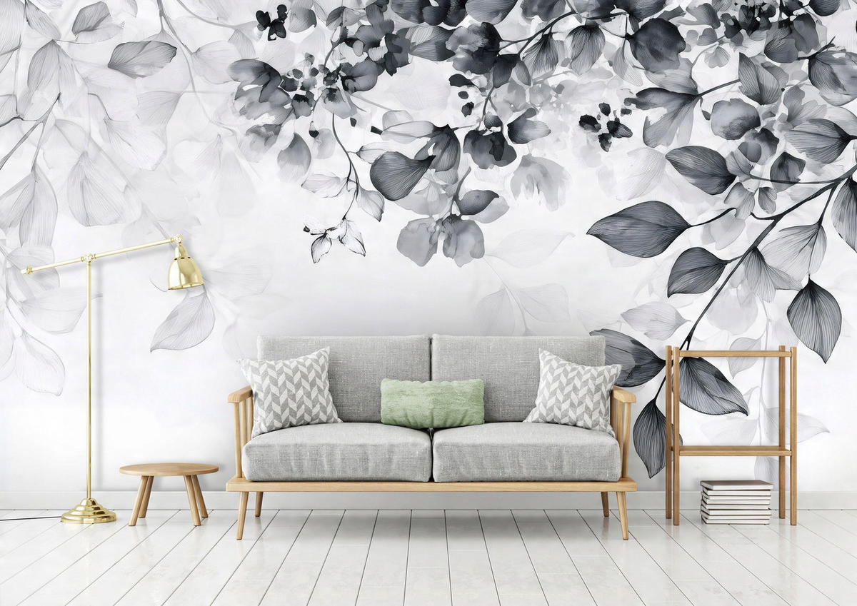FOTOTAPETE Blätter Schwarz und Weiß Wohnzimmer 200x140 - Multicolor, Papier (200/140cm) - Wallarena