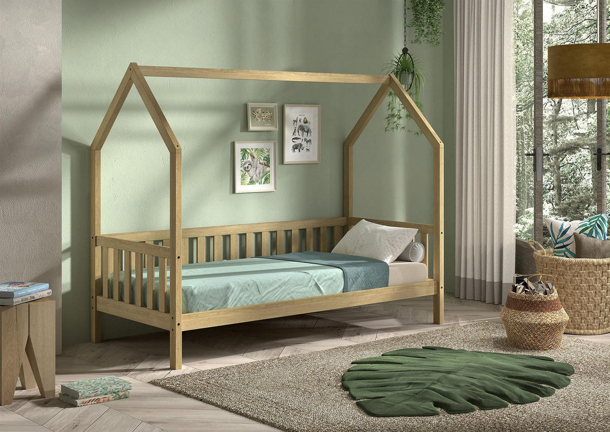 HAUSBETT Kandace 90x200 Eiche massiv natur mit Dachaufbau - Eichefarben, Holz (90/200cm) - 58aufmkessel