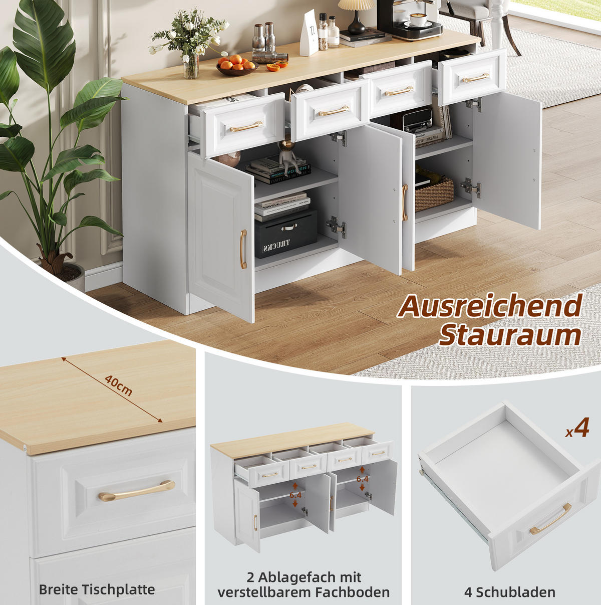 SIDEBOARD 140/40/75 cm aus Spanplatte mit 4 Schubladen und 4 Türen Weiß/Eichefarben - Weiß, Holzwerkstoff (140/75/40cm) - Modenvie