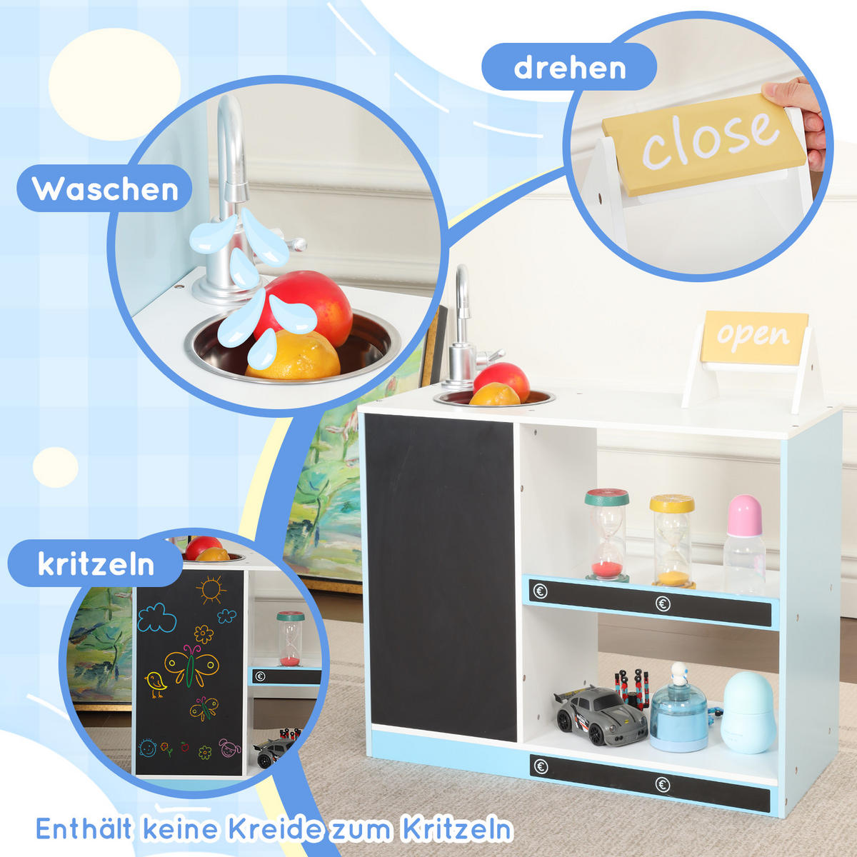 KINDER Kaufladen Spielset Blau – mit Regal, Kühlschrank, Kreidetafel & Zubehör, Holz/Kunststoff, Lernspielzeug ab 3 Jahren - Blau, Holzwerkstoff (155/30/107.5cm) - Ej. Life