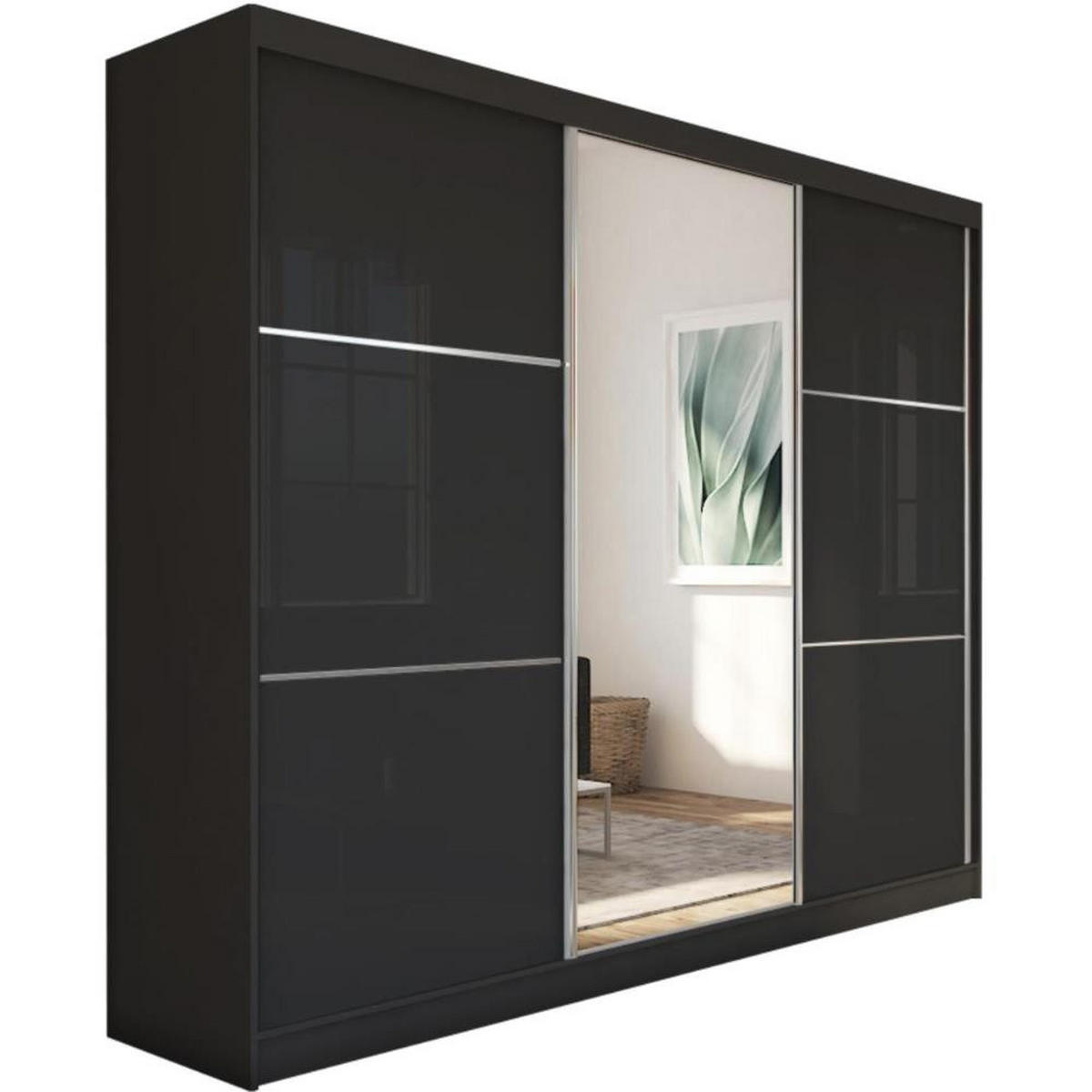SCHWEBETÜRENSCHRANK Viva 240/216/61 schwarz mit Spiegel und Schubladen - Schwarz, Holzwerkstoff (240/216/61cm) - Beautysofa