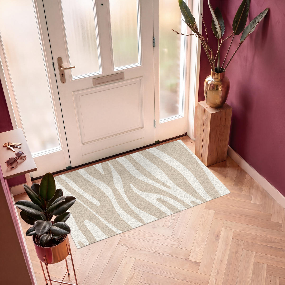 FUSSMATTE Zebramuster - Beige - Weiß - Tiermuster Schmutzfänger 150x90 cm - Beige, Kunststoff (150/90cm) - MuchoWow