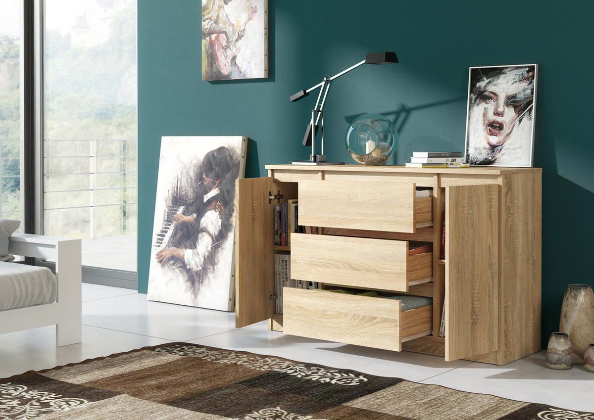 KOMMODE NUDO 120/78,5/39cm mit 3 Schubladen 2 Türen Sonoma Eiche - Sonoma Eiche, Holzwerkstoff (120/78.5/39cm) - MASSENO