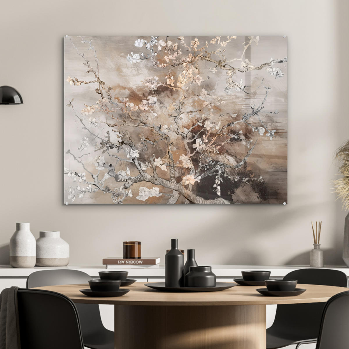ACRYLGLASBILD Mandelblüte - Kunst - Van Gogh - Beige - Abstrakt 80x60 cm - Braun, Glas (80/60cm) - MuchoWow