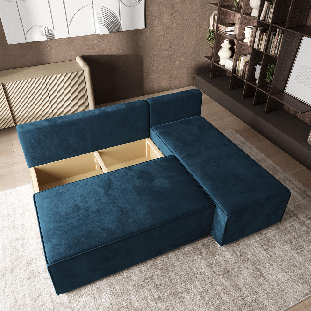 ROHOVÁ SEDAČKA BRISO modrá - šedá/modrá, dřevo/textil (200/140cm) - MASSENO