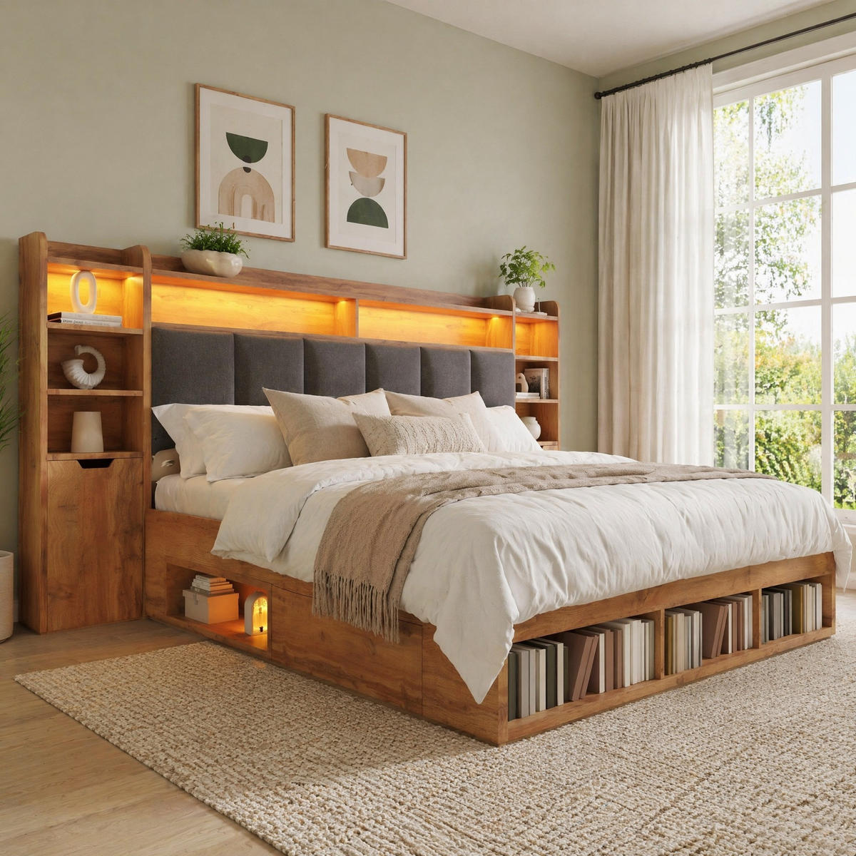 POLSTERBETT 160/200 mit LED, USB und Stauraum in Eichefarben - Eichefarben/Grau, Holzwerkstoff/Textil (160/200cm) - EVRYAE