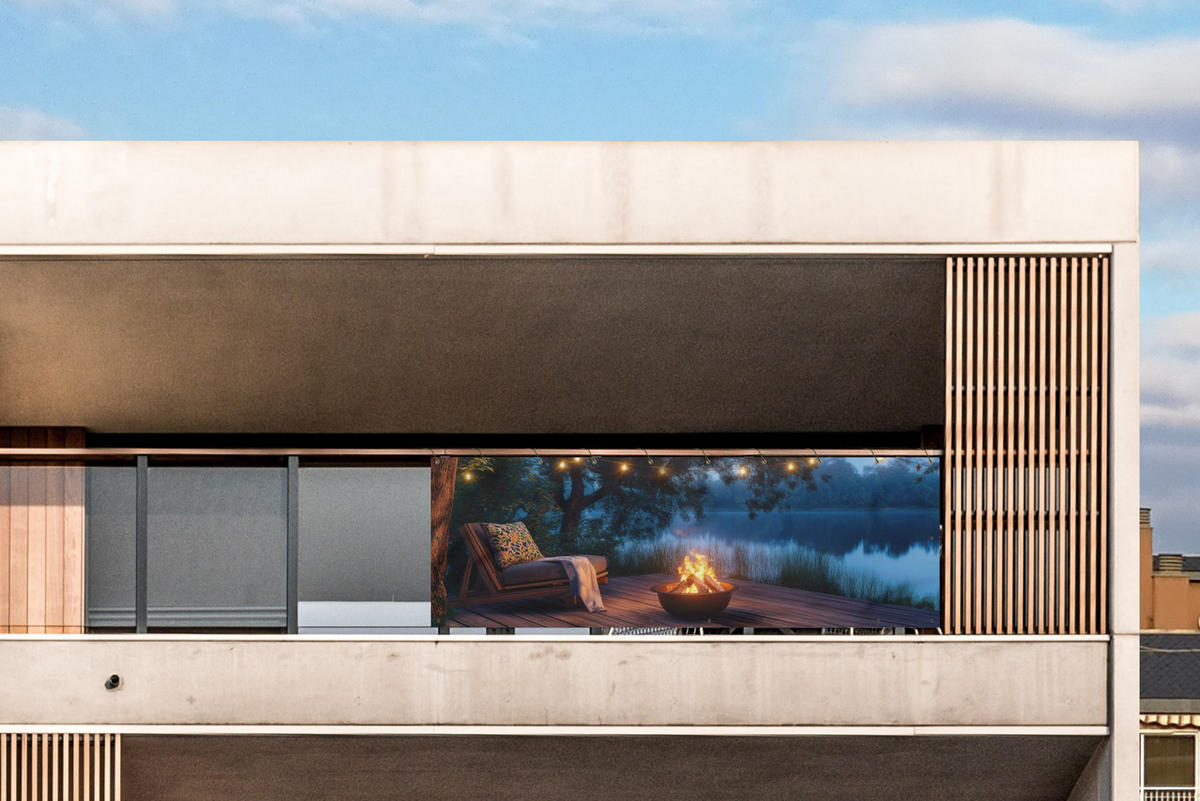 BALKON-SICHTSCHUTZ Lagerfeuer - See - Abendlicht - Dunkelblau, Kunststoff (300/90cm) - MuchoWow