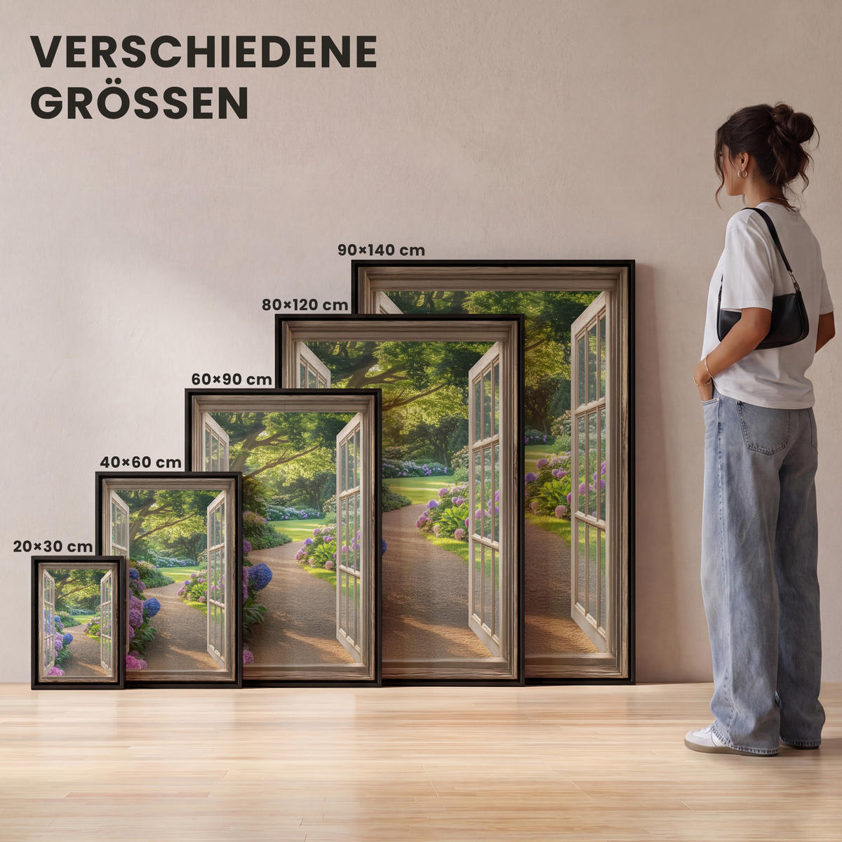 LEINWAND Bilder mit Rahmen - Aussicht - Garten - Fenster - Hortensie - Blumen - 60x90 - Pastellblau, Textil (60/90cm) - MuchoWow