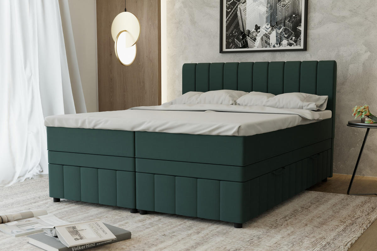 BOXBETT AVALON 160 x 200 cm mit Bettkasten und Topper - Dunkelgrün - Dunkelgrün, Holz - Panda Möbel