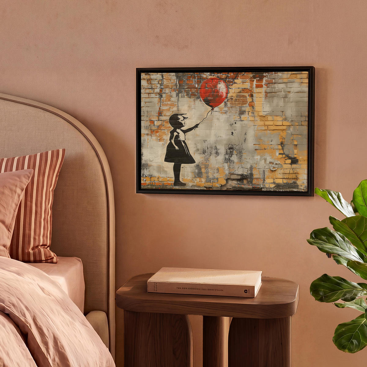 LEINWAND Bilder mit Rahmen - Graffiti - Banksy - Mädchen - Straßenkunst - 40x30 - Sandfarben, Textil (40/30cm) - MuchoWow