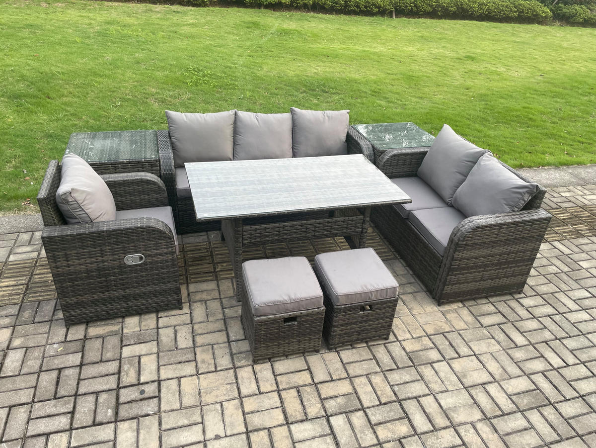 GARTENTISCHGRUPPE mit Liegestuhl,2 Hocker,Beistelltischen Polyrattan 8-Sitzer - Dunkelgrau/Grau, Glas/Kunststoff - Fimous