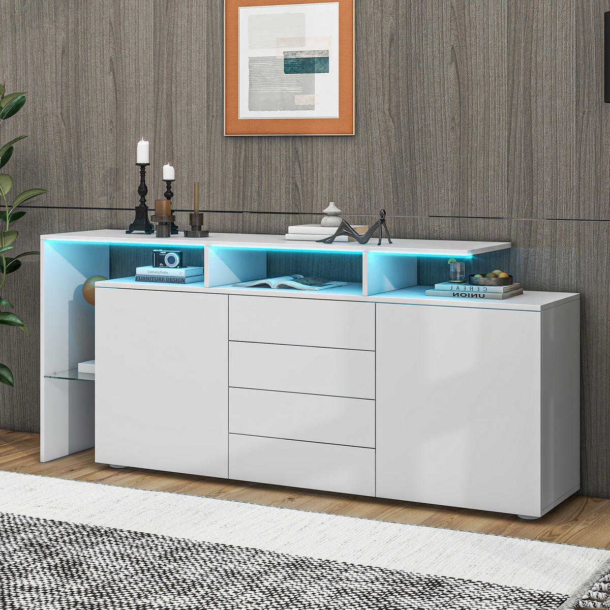 SIDEBOARD Weiß, mit LED-Beleuchtung, 2 Türen, Schubladen und offenen Fächern, 160/35/70 cm - Weiß, Holzwerkstoff (160/70/35cm) - WISHDOR