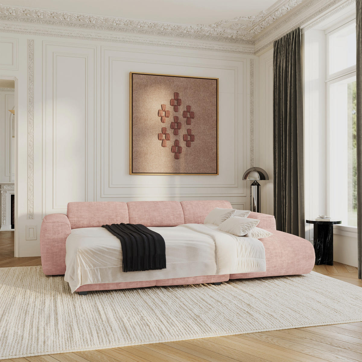 ECKSCHLAFSOFA Texturierter Samt Vintage Pink 283cm - Pink, Textil (283/180cm) - Sia Home