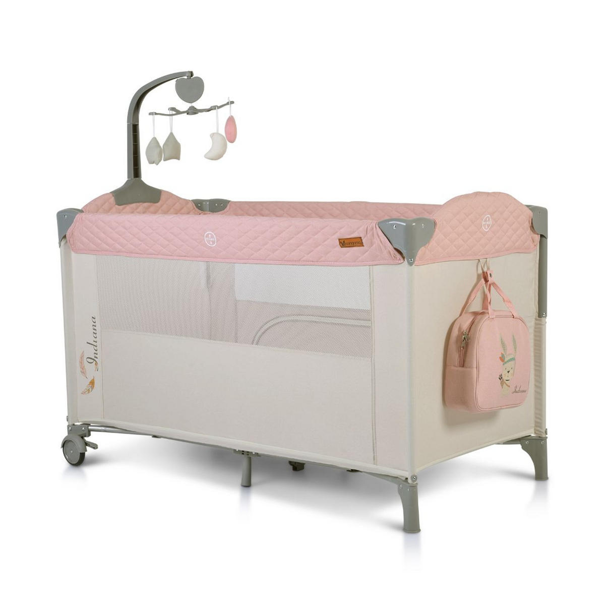 REISEBETT LAUFSTALL Indiana rosa zwei Ebenen Matratze Wickeltasche Räder - Rosa, Kunststoff (60/120cm) - Cangaroo