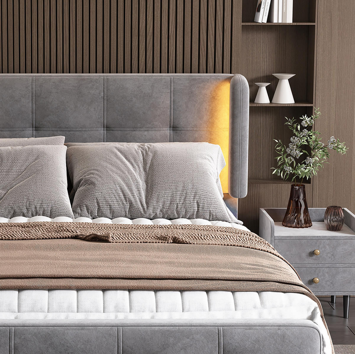 ČALÚNENÁ posteľ z zamatu 140x200 cm sivá s 16-farebným LED osvetlením, prešívaným čelom a nastaviteľným čelom - sivá, textil (140/200cm) - Modfu