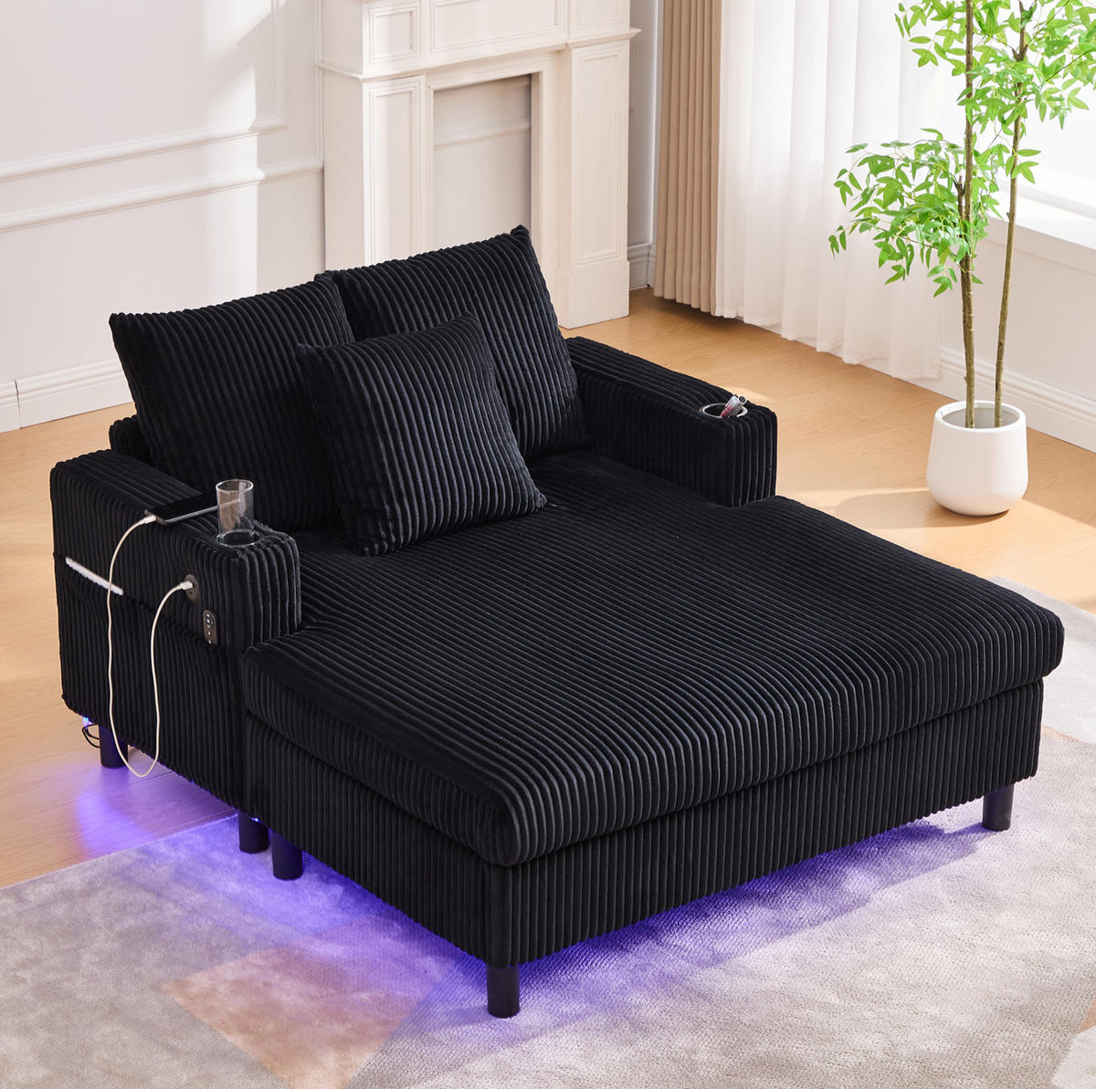 SCHLAFSESSEL mit USB und Getränkehalter ca. 142 x 128 x 85 cm Corduroy Black - Schwarz, Holz (128/85/142cm) - Meubliv