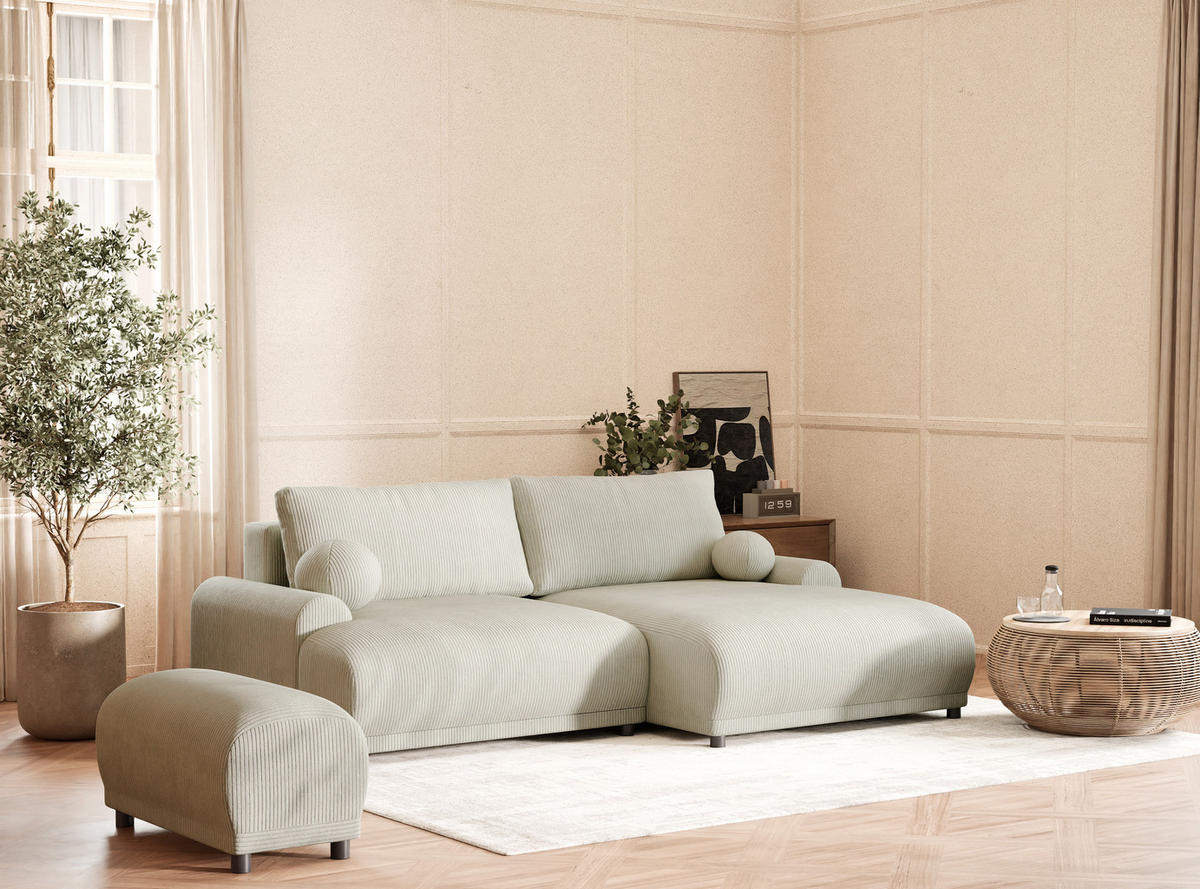 ECKSOFA MIT SCHLAFFUNKTION Tallin Creme Samtstoff - Hellgrau/Schwarz, Holz/Holzwerkstoff (240/145cm) - Maison de Reve