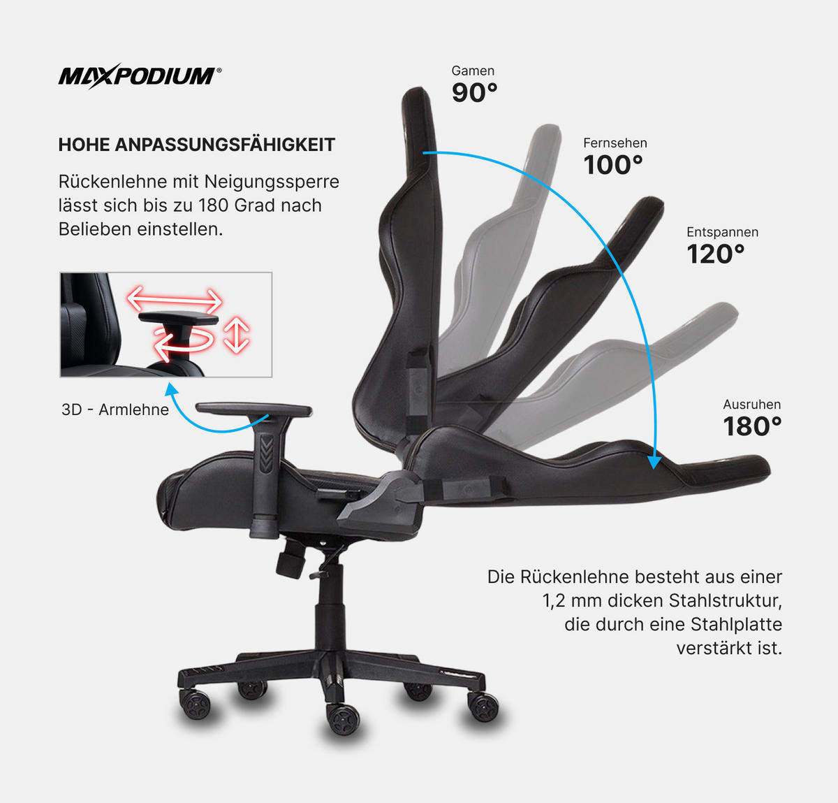 GAMING-STUHL Tactical SMI mit Massagefunktion Schwarz - Schwarz, Metall (55/137/55cm) - MaxPodium