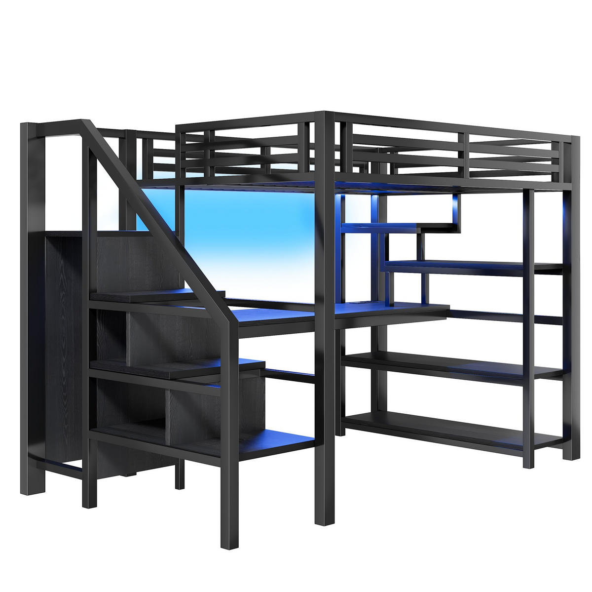 VISOKI krevet 140/200 cm s integriranim stolom, otvorenim ormarom, LED rasvjetom i USB priključkom, Crna - crna, drvni materijal (140/200cm) - Redom