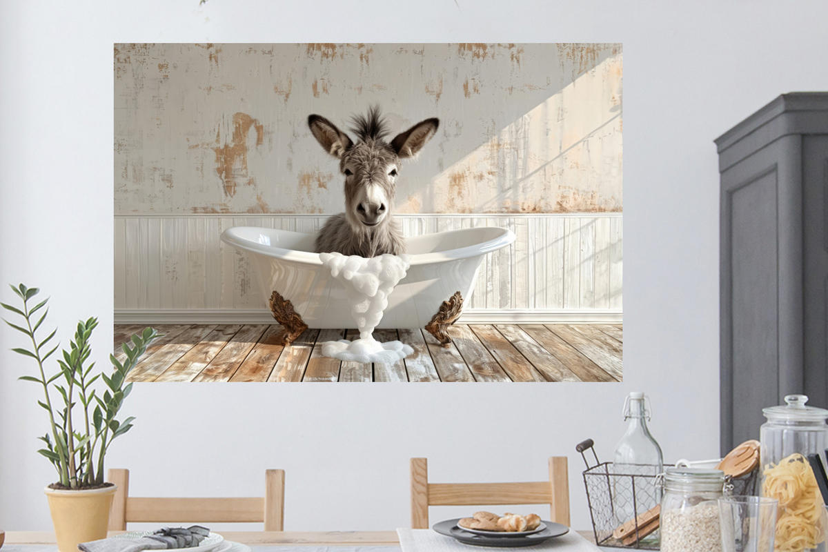 WANDTATTOO Esel - Tiere - Badewanne - Schaumstoff 120x80 cm - Weiß, Kunststoff (120/80/0.1cm) - MuchoWow