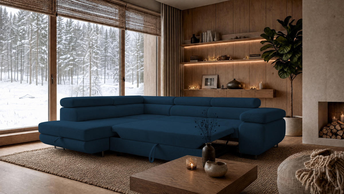 ECKSOFA Velmo mit Bettkasten und Schlaffunktion, verstellbaren Kopfstützen, in L-Form - Blau, Textil (275/203cm)