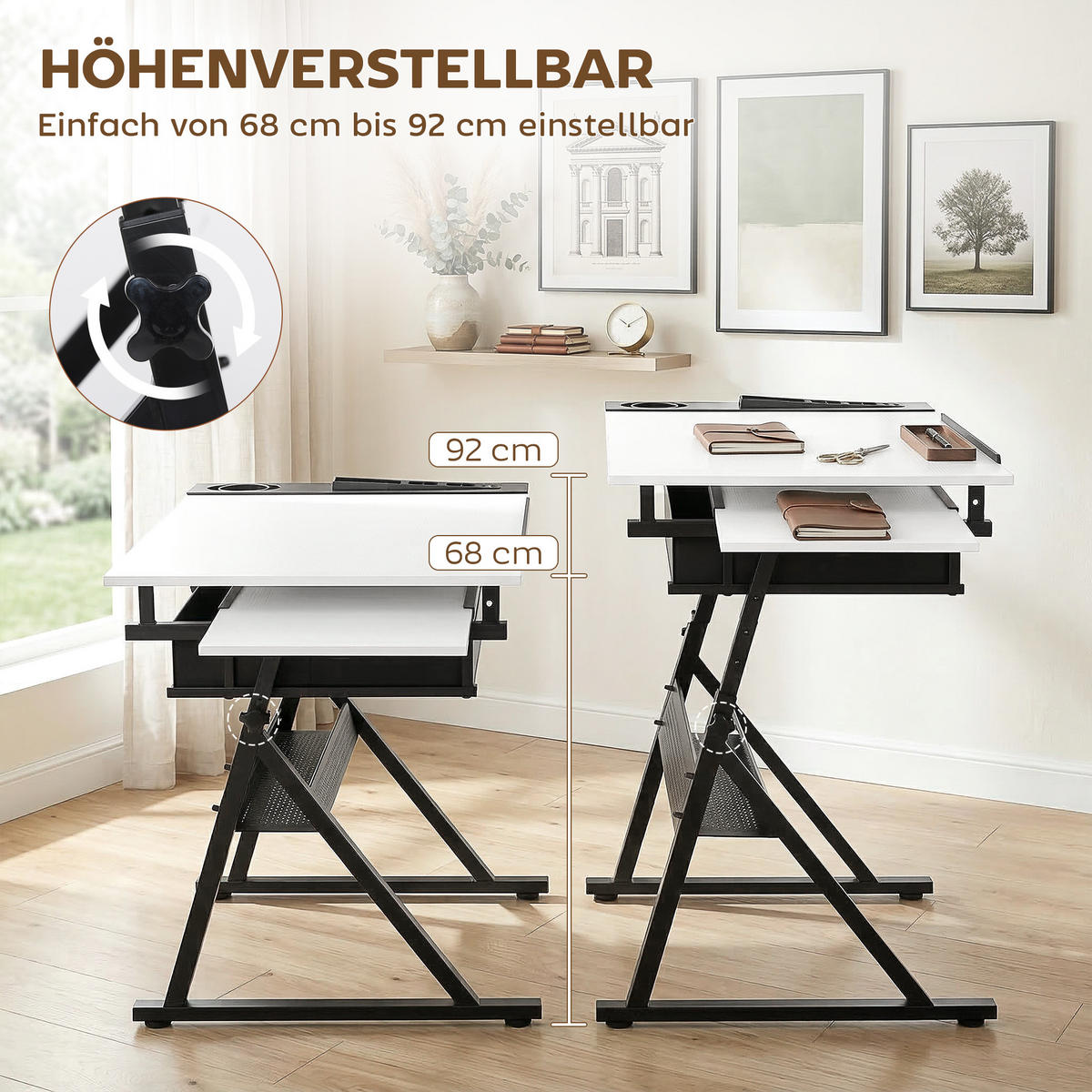 ZEICHENTISCH mit Hocker aus MDF Metall Weiß - Schwarz/Weiß, Leder/Holzwerkstoff (120/60/92cm) - HOMCOM