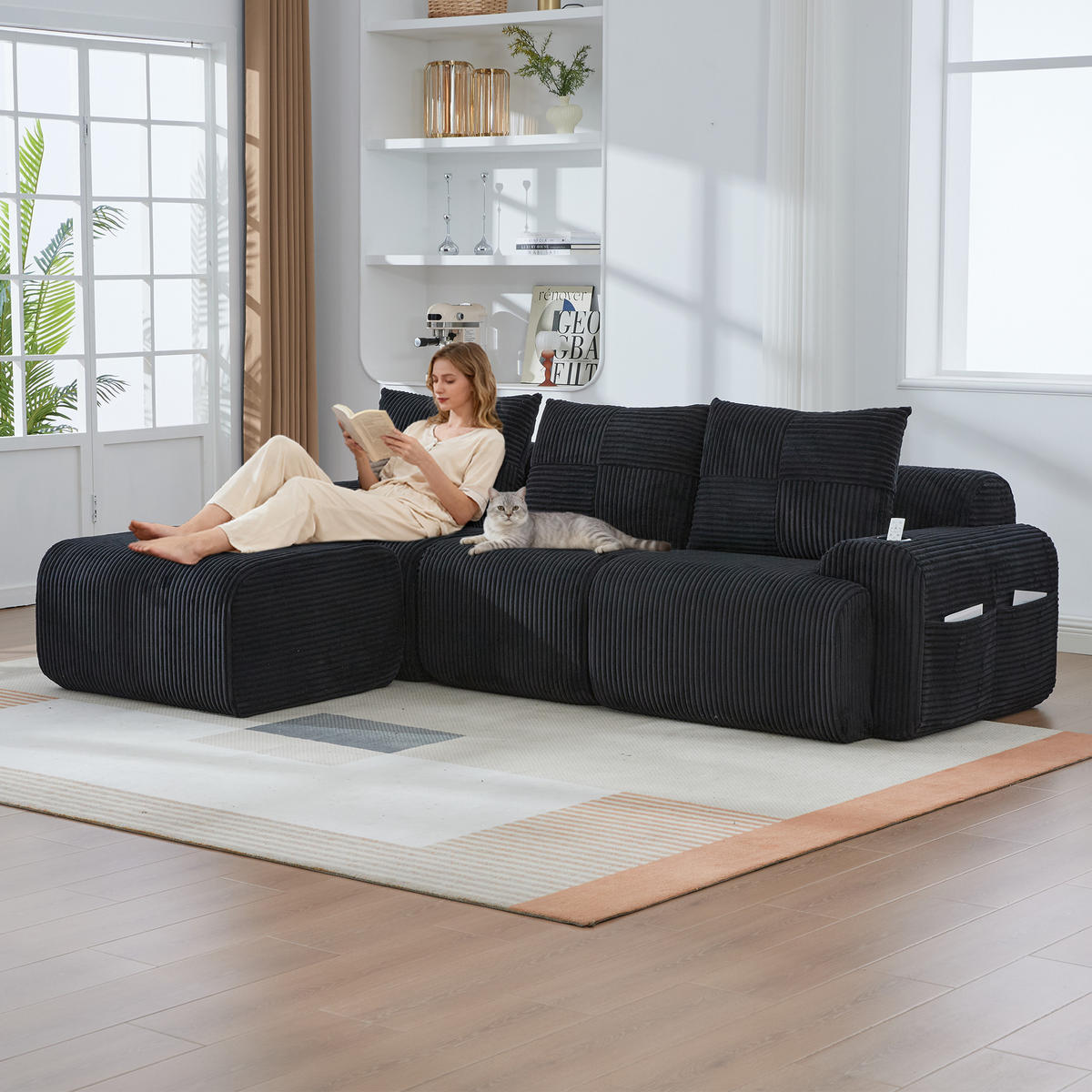 3-SITZER Modulsofa aus Cord 268x174x80 cm mit Cupholder & Seitentasche, schwarz - Schwarz, Textil (174/80/268cm)