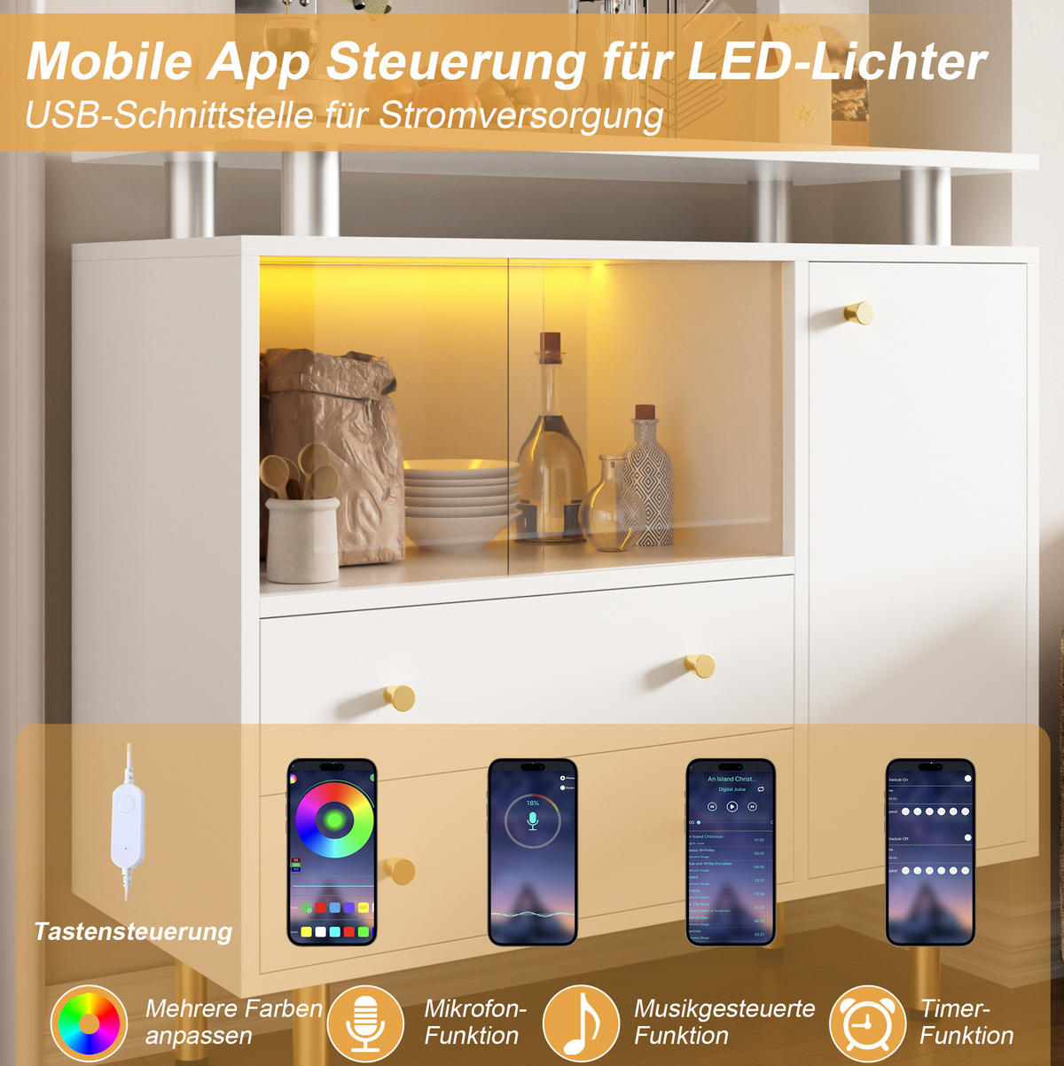 SIDEBOARD in Weiß 80x35x80 cm mit Glastüren, Schubladen und LED-Beleuchtung - Weiß, Holzwerkstoff (35/80/80cm) - IVMEU