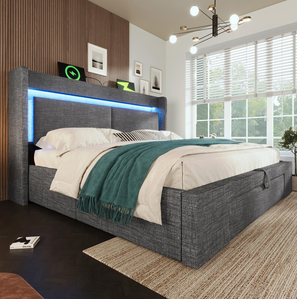 ČALOUNĚNÁ postel 180/200 cm šedá z lnu s hydraulickým úložným prostorem, LED a USB-C - šedá, textil (180/200cm) - OKWISH